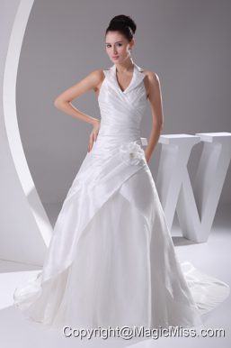 Court Train Ruching Halter A-Line Wedding Dress with Lace-up
