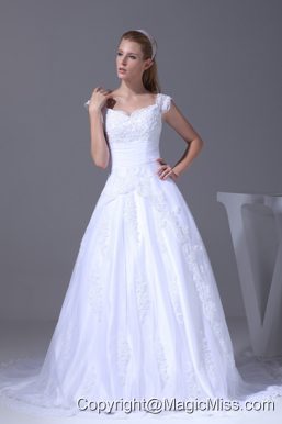 V-neck Caps Sleeves Lace Court Train A-line Wedding Dress