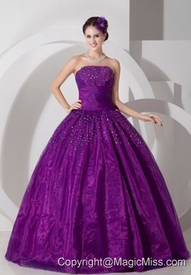 Purple A-line Sweetheart Floor-length Tulle Ruch and Beading Prom Dress