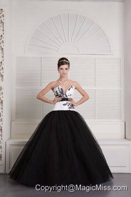 Black and White Ball Gown V-neck Floor-length Tulle Embroidery Quinceanera Dress
