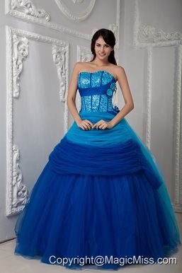Blue Ball Gown Sweetheart Floor-length Tulle Ruch Quinceanea Dress