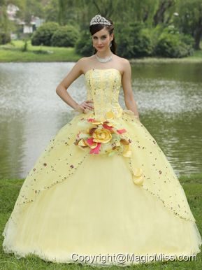 Appliques Embroidery and Hand Made Flowers Light Yellow Quinceanera Dress For 2013 Strapless Floor-length