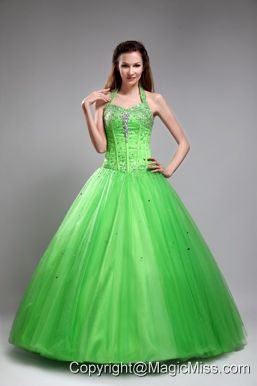 Green Ball Gown Halter Floor-length Tulle Beading Quinceanera Dress