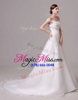 Luxury White Wedding Dresses Wedding Party and For with Beading and Appliques and Ruching Off The Shoulder Sleeveless Court Train Clasp Handle
