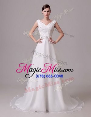 Extravagant With Train White Bridal Gown Organza and Lace Brush Train Sleeveless Beading and Sashes|ribbons