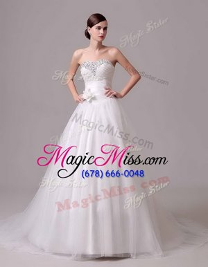 Sumptuous White Tulle Lace Up Wedding Gown Sleeveless With Brush Train Beading and Hand Made Flower