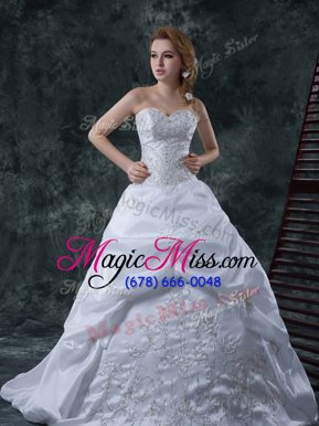 Artistic White Sleeveless Brush Train Beading and Embroidery With Train Wedding Gowns