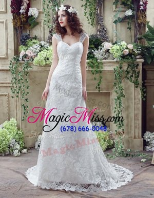 Great Sleeveless Lace and Appliques Lace Up Wedding Gown with White Brush Train