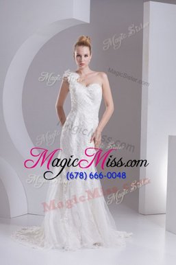 Simple Mermaid One Shoulder White Wedding Gown Lace Brush Train Sleeveless Lace and Appliques