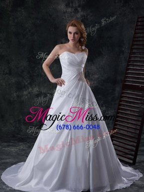 Decent White Wedding Gowns Wedding Party and For with Ruching Sweetheart Sleeveless Brush Train Lace Up