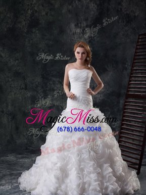 Stunning Fabric with Rolling Flowers Ruffles and Ruching Bridal Gown White Lace Up Sleeveless Brush Train