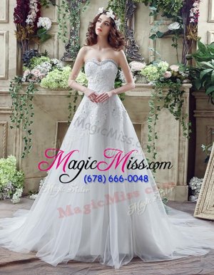 Chic White A-line Tulle and Lace Sweetheart Sleeveless Beading and Lace and Appliques Lace Up Bridal Gown Court Train