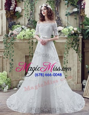 Dynamic Off the Shoulder Lace Up Wedding Gown White and In for Wedding Party with Lace and Appliques and Bowknot Court Train