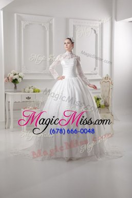 Glittering High-neck Long Sleeves Wedding Dresses Sweep Train Lace White Lace