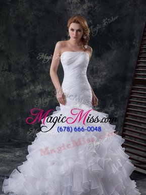 Luxurious Mermaid Sleeveless Organza Brush Train Lace Up Wedding Gown in White for with Ruffles and Ruching