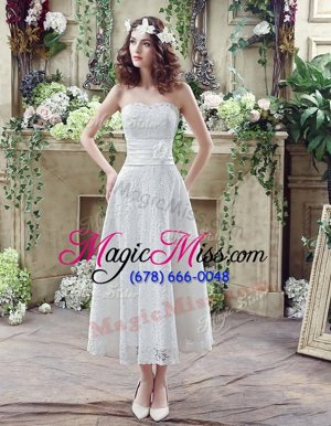Delicate Sleeveless Ankle Length Lace and Hand Made Flower Lace Up Wedding Dress with White
