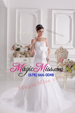 White A-line Satin Sweetheart Sleeveless Lace and Bowknot Lace Up Wedding Gowns Court Train