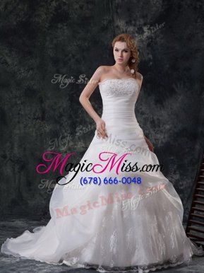 Unique Strapless Sleeveless Organza Wedding Dresses Beading and Appliques and Ruching and Pick Ups Brush Train Zipper