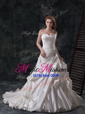 Fabulous Lace Up Wedding Gown White and In for Wedding Party with Beading and Appliques and Ruching and Pick Ups Court Train
