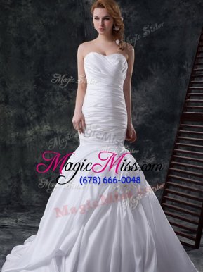 Fashionable Mermaid White Wedding Gowns Wedding Party and For with Ruching and Pick Ups and Hand Made Flower Sweetheart Sleeveless Brush Train Lace Up