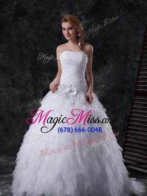 Fashionable White Lace Up Wedding Gowns Beading and Ruffles and Ruching and Hand Made Flower Sleeveless With Brush Train