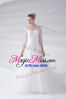 Most Popular Scoop 3|4 Length Sleeve Wedding Dress With Brush Train Appliques White Tulle