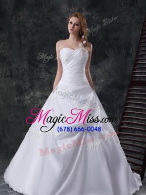Fantastic One Shoulder Beading and Pick Ups Wedding Dresses White Lace Up Sleeveless With Brush Train