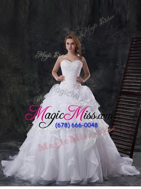 Dazzling Sleeveless Organza With Brush Train Lace Up Bridal Gown in White for with Beading and Appliques and Ruffles