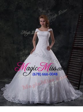 Super White Off The Shoulder Lace Up Beading and Lace and Embroidery Bridal Gown Brush Train Cap Sleeves