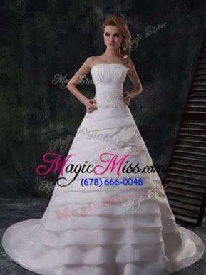 Ideal Beading and Appliques and Ruffled Layers Wedding Gowns White Lace Up Sleeveless With Brush Train
