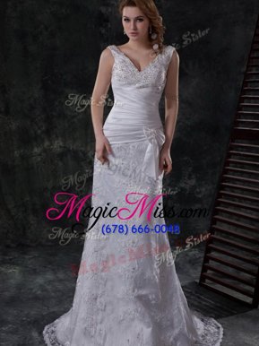 Edgy White Column/Sheath Lace V-neck Sleeveless Beading and Lace and Appliques and Ruching and Bowknot Lace Up Wedding Dresses Brush Train