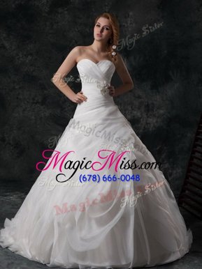 Vintage White A-line Organza V-neck Sleeveless Ruffled Layers and Hand Made Flower Lace Up Wedding Gowns Brush Train