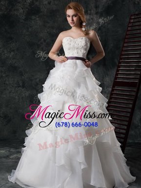 Graceful Ruffled Brush Train A-line Wedding Gowns White Sweetheart Organza Sleeveless Zipper