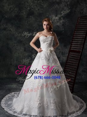 Sleeveless Lace Court Train Lace Up Wedding Dress in White for with Beading and Appliques and Hand Made Flower