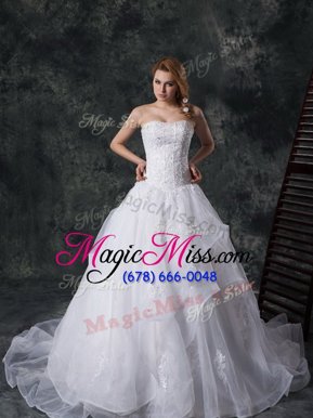 Pretty Sleeveless Organza Court Train Lace Up Wedding Gowns in White for with Beading and Lace and Appliques