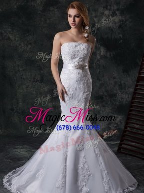 Glittering Mermaid Wedding Dress White Strapless Lace Sleeveless Lace Up