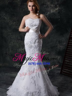 Superior Mermaid White Lace Up Sweetheart Beading and Appliques and Bowknot and Belt Wedding Gowns Lace Sleeveless Brush Train