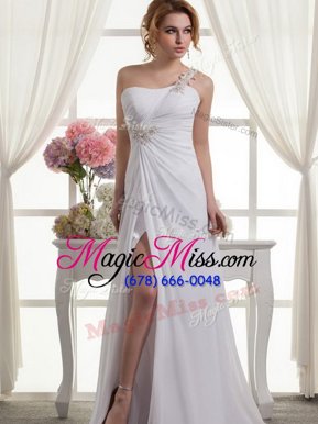 Best One Shoulder Beading and Ruching Wedding Dresses White Lace Up Sleeveless