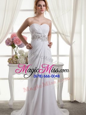 Most Popular Sleeveless Chiffon Sweep Train Lace Up Wedding Gowns in White for with Beading and Ruching