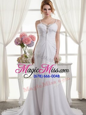Zipper Bridal Gown White and In for Wedding Party with Beading and Ruching Brush Train
