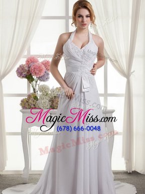 Clearance White Chiffon Lace Up Halter Top Sleeveless Wedding Dresses Lace and Appliques and Ruching and Bowknot