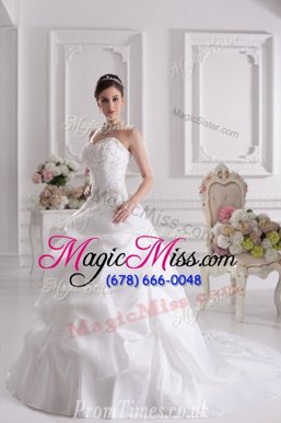 Gorgeous White A-line Sweetheart Sleeveless Satin Court Train Lace Up Lace and Embroidery and Pick Ups Wedding Dresses