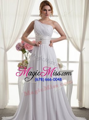 Graceful One Shoulder Beading and Ruching Bridal Gown White Lace Up Sleeveless Brush Train