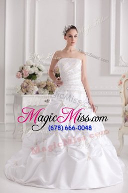 Pretty White Strapless Neckline Beading and Ruching and Pick Ups Wedding Dresses Sleeveless Zipper