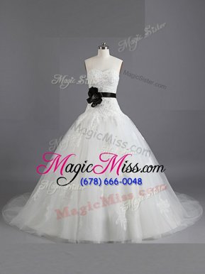 Fantastic White Tulle Lace Up Sweetheart Sleeveless With Train Wedding Gowns Court Train Beading and Appliques and Belt