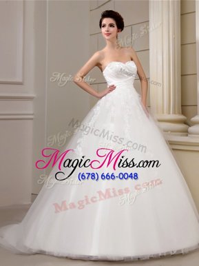 Fashion White Tulle Lace Up Wedding Dress Sleeveless With Train Court Train Appliques