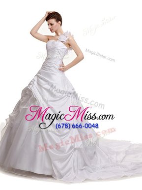 Extravagant Sleeveless Taffeta With Train Court Train Lace Up Wedding Gowns in White for with Ruching and Pick Ups