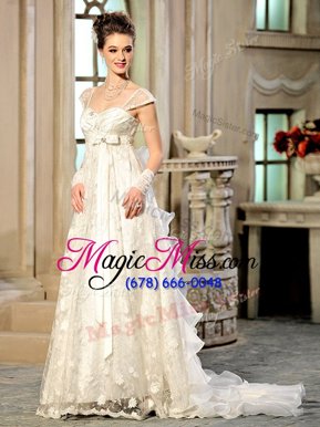 Sophisticated White Empire Beading and Appliques and Ruffles Bridal Gown Lace Up Organza Cap Sleeves With Train