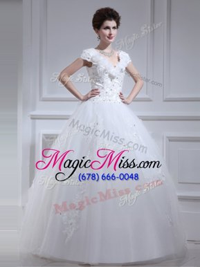 Perfect Floor Length White Wedding Dress V-neck Sleeveless Lace Up