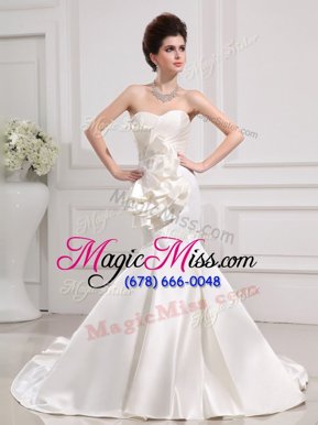 Custom Design Mermaid Ruffled White Satin Zipper Sweetheart Sleeveless With Train Wedding Gowns Court Train Ruffles and Ruching